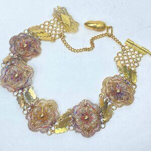 Antique Art Deco 18K Gold Filigree Floral Bracelet with Acorn Charm JR1110